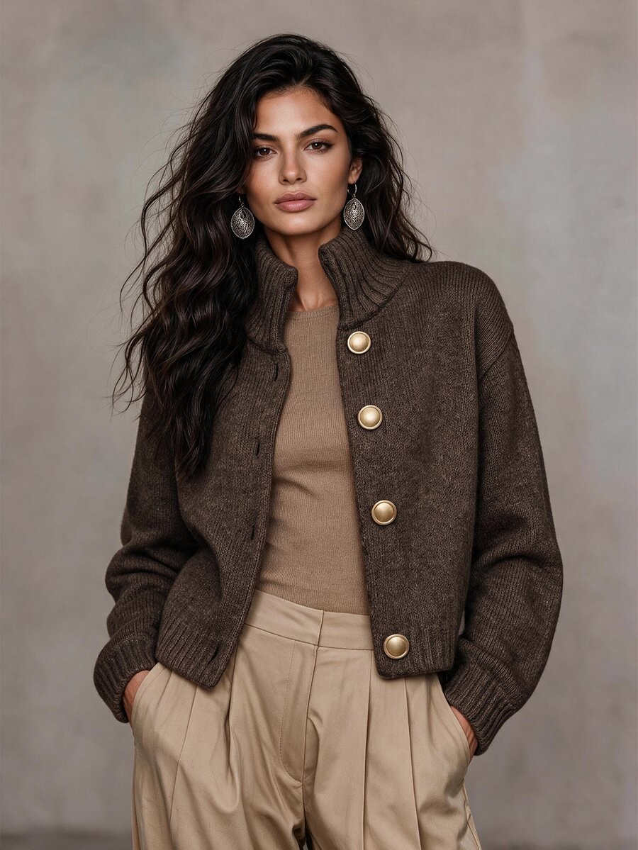 LUMIGAL Spring Autumn Winter New Women's Sweater Top, Half-High Stand Collar, Metal Button, Dropped Shoulder, Long Sleeve, Ribbed, Short Loose Fit, Single-Breasted Cardigan - Coffee Brown - View 1
