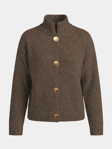 LUMIGAL Spring Autumn Winter New Women's Sweater Top, Half-High Stand Collar, Metal Button, Dropped Shoulder, Long Sleeve, Ribbed, Short Loose Fit, Single-Breasted Cardigan - Coffee Brown - View 4