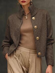 LUMIGAL Spring Autumn Winter New Women's Sweater Top, Half-High Stand Collar, Metal Button, Dropped Shoulder, Long Sleeve, Ribbed, Short Loose Fit, Single-Breasted Cardigan - Coffee Brown - View 3