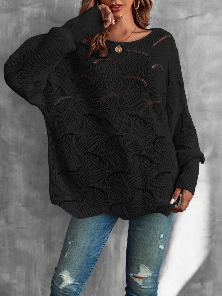LUMIGAL Casual Solid Color Hollow Out Batwing Sleeve Sweater, Autumn/Winter - Black - View 7