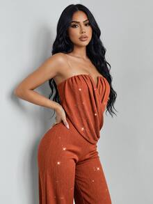 SOLERSUN Women's Rust Brown Elegant Strapless Ruched Draped Wide Leg Jumpsuit, High Elasticity Textured Shiny, Party Commute All Season - Rust Brown - View 6