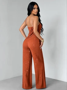 SOLERSUN Women's Rust Brown Elegant Strapless Ruched Draped Wide Leg Jumpsuit, High Elasticity Textured Shiny, Party Commute All Season - Rust Brown - View 3