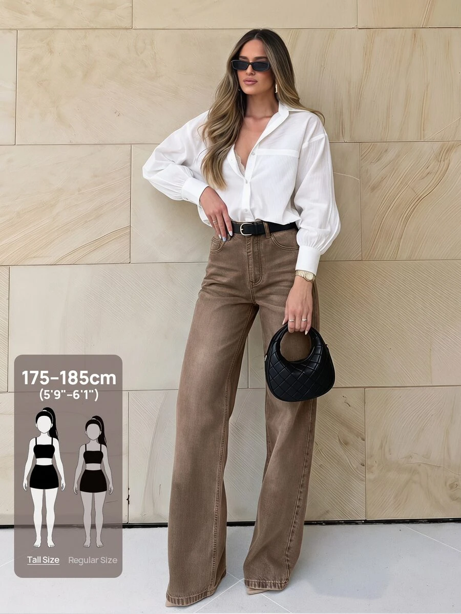 Selenza Tall 女款高腰口袋寬腿鬆垮休閒牛仔褲,適合高個女性 - 咖啡棕 - 查看 1
