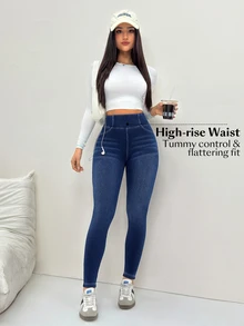 Flexra 女款時尚百搭休閒高腰彈性修身牛仔褲 日常外出穿搭 海軍藍 秋季 - 藍色 - 查看 5