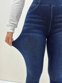 Flexra 女款時尚百搭休閒高腰彈性修身牛仔褲 日常外出穿搭 海軍藍 秋季 - 藍色 - 查看 6