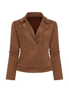 Juhart Plus Size Women Suede Lapel Zip-Up Casual Motorcycle Jacket Fall - Brown - View 5