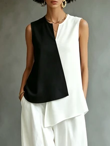 LUMIGAL Women Blouses Asimetris Blok Warna Casual - Hitam dan Putih - View 3