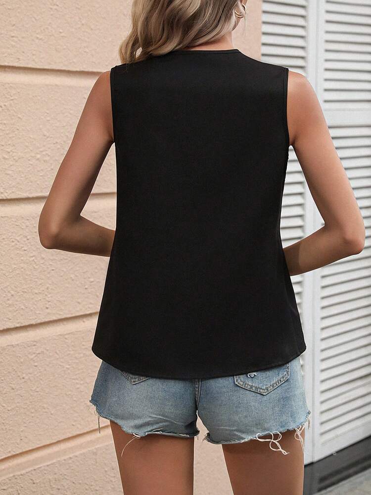 LUMIGAL Two Tone Notched Neck Asymmetrical Hem Sleeveless Blouse - Black and White - View 2