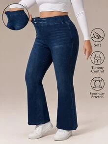 Flexra Plus Size Solid Color Elastic Waist Stretchy Knit Casual Normal Wide Leg Flare Jeans Vacation Navy Blue Summer - Blue - View 1