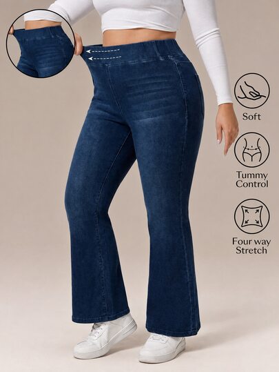 Flexra Plus Size Solid Color Elastic Waist Stretchy Knit Casual Normal Wide Leg Flare Jeans Vacation Navy Blue Summer