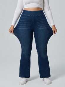 Flexra Plus Size Solid Color Elastic Waist Stretchy Knit Casual Normal Wide Leg Flare Jeans Vacation Navy Blue Summer - Blue - View 4