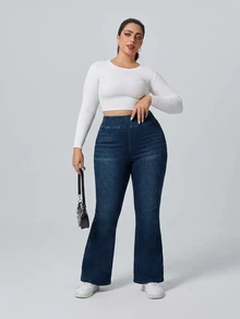 Flexra Plus Size Solid Color Elastic Waist Stretchy Knit Casual Normal Wide Leg Flare Jeans Vacation Navy Blue Summer - Blue - View 6