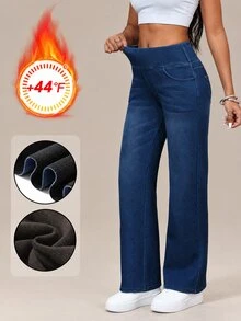 Flexra Women's Thermal Lined Elastic Waist Washed Denim Jeans, Autumn/Winter Night Everyday Holiday Dark Blue Casual - Dark Wash - View 1
