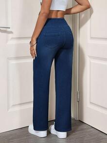 Flexra Women's Thermal Lined Elastic Waist Washed Denim Jeans, Autumn/Winter Night Everyday Holiday Dark Blue Casual - Dark Wash - View 2