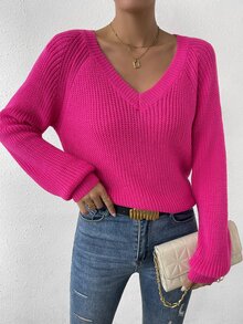 SHEIN LUNE Women's Hot Pink Ribbed Knit Sweater,Solid Raglan Long Sleeve Regular Fit Pullover,Casual Winter Tops For Any Occasion,Spring/Fall Ladies Sweaters - Hot Pink - View 3