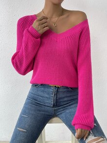 SHEIN LUNE Women's Hot Pink Ribbed Knit Sweater,Solid Raglan Long Sleeve Regular Fit Pullover,Casual Winter Tops For Any Occasion,Spring/Fall Ladies Sweaters - Hot Pink - View 8