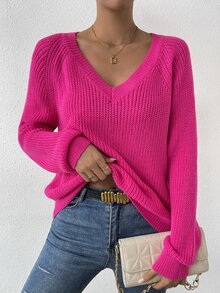 SHEIN LUNE Women's Hot Pink Ribbed Knit Sweater,Solid Raglan Long Sleeve Regular Fit Pullover,Casual Winter Tops For Any Occasion,Spring/Fall Ladies Sweaters - Hot Pink - View 4