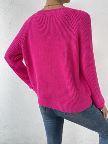 SHEIN LUNE Women's Hot Pink Ribbed Knit Sweater,Solid Raglan Long Sleeve Regular Fit Pullover,Casual Winter Tops For Any Occasion,Spring/Fall Ladies Sweaters - Hot Pink - View 2