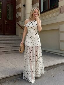 SHEIN PariChic 女款夏季不對稱單肩無袖 A 字版型數位印花黑白彈性網布洋裝，優雅法式花園派對早午餐風 - 杏色 - 查看 2