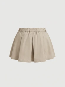 SHEIN MOD Plus Size Women's Pleated Casual Denim Mini Skirt Work For Women - Khaki - View 3