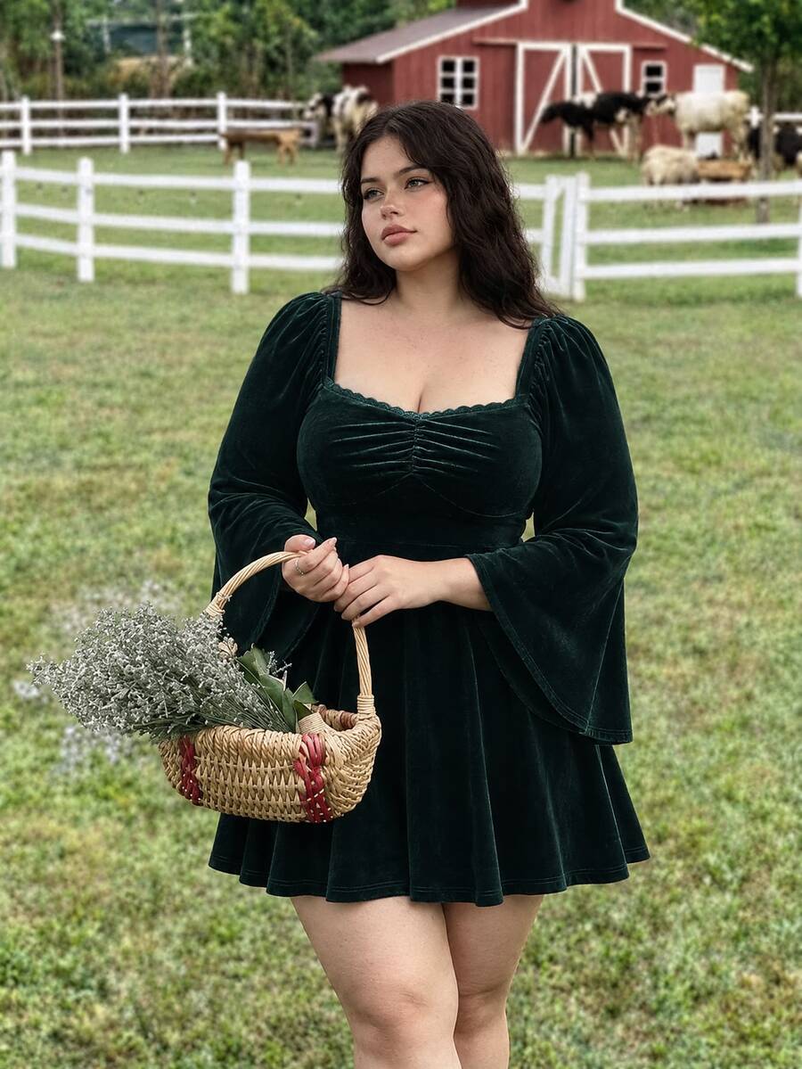 SHEIN MOD Plus Size Olive Green Vintage Square Neck Ruffle Bodice Flare Sleeve Velvet Dress Fall - Dark Green - View 1