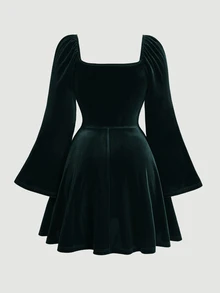 SHEIN MOD Plus Size Olive Green Vintage Square Neck Ruffle Bodice Flare Sleeve Velvet Dress Fall - Dark Green - View 2