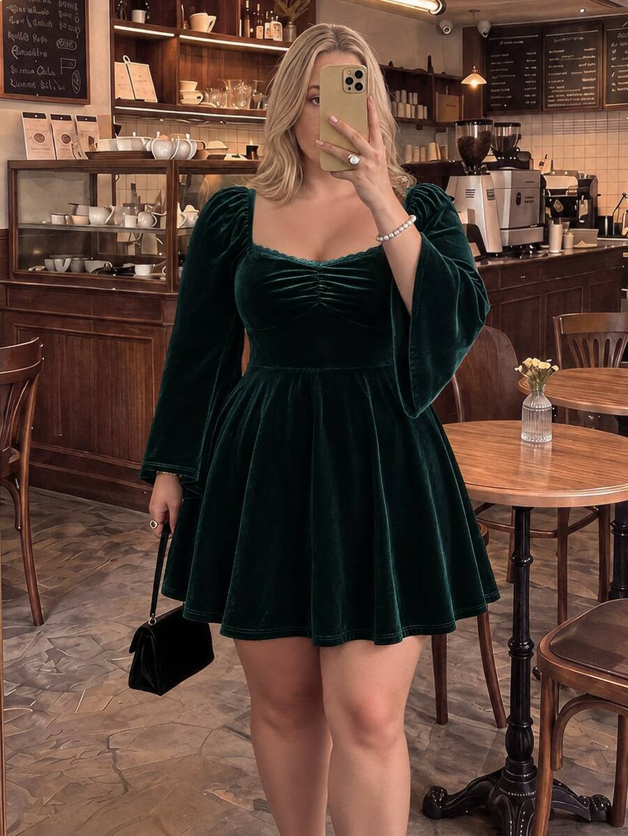 SHEIN MOD Plus Size Olive Green Vintage Square Neck Ruffle Bodice Flare Sleeve Velvet Dress Fall - Dark Green - View 1