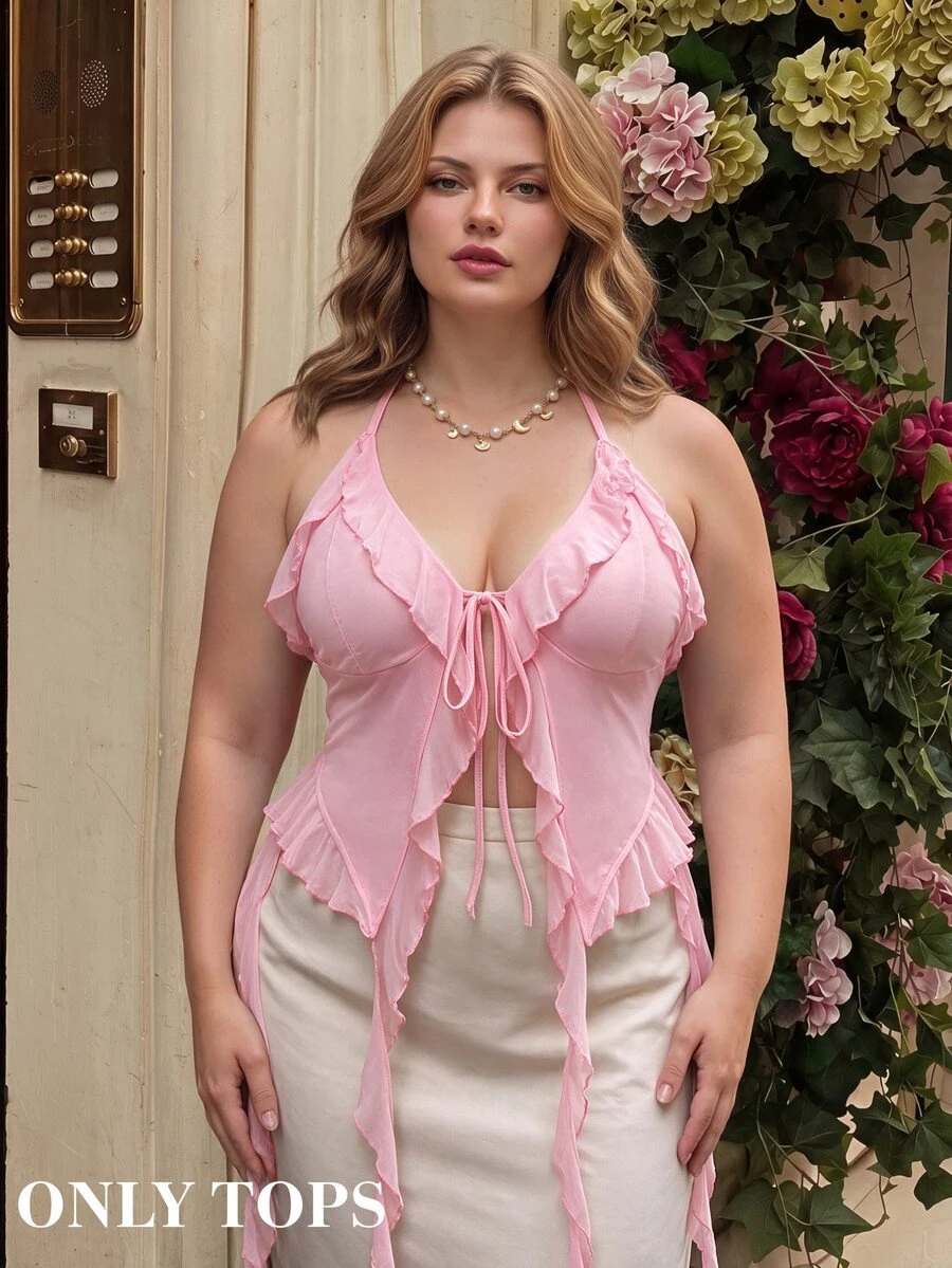 SHEIN MOD Plus Size Romantic Cute Kawaii Pink Ruffled Ribbon 3D Floral Design Halter Neck Top Club Date Night Sexy Going Out Summer - Pink - View 1