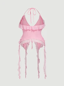 SHEIN MOD Plus Size Romantic Cute Kawaii Pink Ruffled Ribbon 3D Floral Design Halter Neck Top Club Date Night Sexy Going Out Summer - Pink - View 2