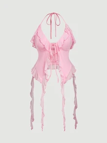 SHEIN MOD Plus Size Romantic Cute Kawaii Pink Ruffled Ribbon 3D Floral Design Halter Neck Top Club Date Night Sexy Going Out Summer - Pink - View 3