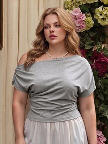 SHEIN MOD Plus Size Women's Knit Jacquard Grey Summer Smart Casual Night Oblique Shoulder Top,Back-To-School ,Autumn Outfit, Fall - Grey - View 1