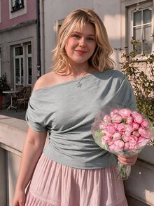 SHEIN MOD Plus Size Women's Knit Jacquard Grey Summer Smart Casual Night Oblique Shoulder Top,Back-To-School ,Autumn Outfit, Fall - Grey - View 4