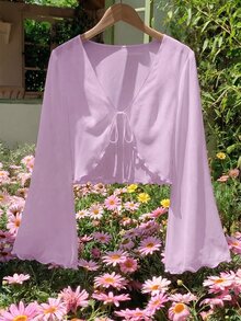 SHEIN MOD Plus Size V-Neck Flare Sleeve Tied Bow Blouse Bell Sleeve Toptops Whiteblouse White Fall - Lilac Purple - View 6