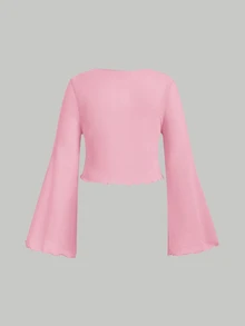 SHEIN MOD Plus Size V-Neck Flare Sleeve Tied Bow Blouse Bell Sleeve Toptops Whiteblouse White Fall - Pink - View 2