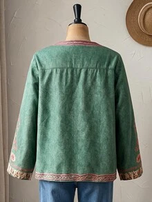 Rusticease Plus Size Embroidered Long Sleeve Fashion Shirt For Vacation Daily Wear Bohemian Formal Green Autumn Casual Boho Traditional Fall - Dark Green - View 2