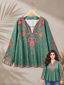 Rusticease Plus Size Embroidered Long Sleeve Fashion Shirt For Vacation Daily Wear Bohemian Formal Green Autumn Casual Boho Traditional Fall - Dark Green - View 3