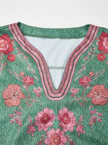 Rusticease Plus Size Embroidered Long Sleeve Fashion Shirt For Vacation Daily Wear Bohemian Formal Green Autumn Casual Boho Traditional Fall - Dark Green - View 4