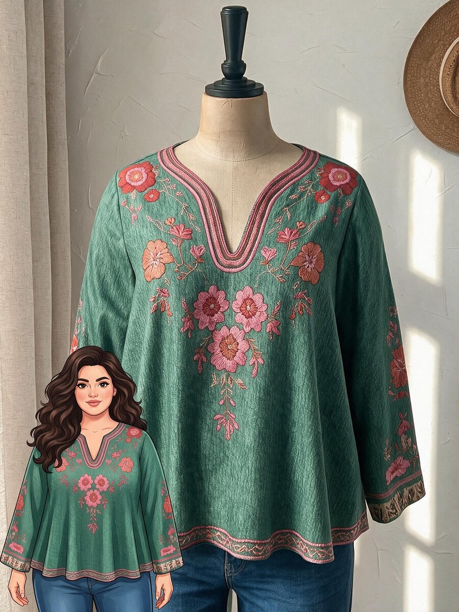 Rusticease Plus Size Embroidered Long Sleeve Fashion Shirt For Vacation Daily Wear Bohemian Formal Green Autumn Casual Boho Traditional Fall - Dark Green - View 1