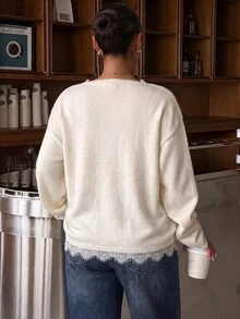 Muchica Plus Size Women's Contrast Lace V-Neck Drop Shoulder Long Sleeve Fashion Pullover Sweater Morning Formal White Fall Elegant Casual Winter - Apricot - View 2