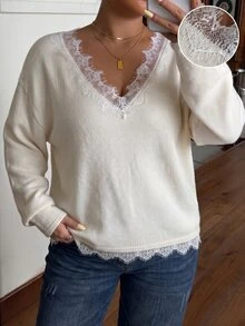 Muchica Plus Size Women's Contrast Lace V-Neck Drop Shoulder Long Sleeve Fashion Pullover Sweater Morning Formal White Fall Elegant Casual Winter - Apricot - View 5