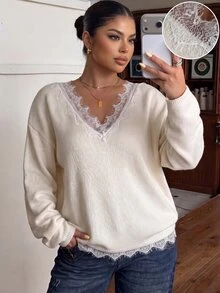 Muchica Plus Size Women's Contrast Lace V-Neck Drop Shoulder Long Sleeve Fashion Pullover Sweater Morning Formal White Fall Elegant Casual Winter - Apricot - View 1