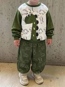 SHEIN 2件組小男孩休閒運動學院街頭風可愛酷炫恐龍圖案運動衫+長褲，適合日常穿著、上學、外出，秋季白色 - 綠色 - 查看 1