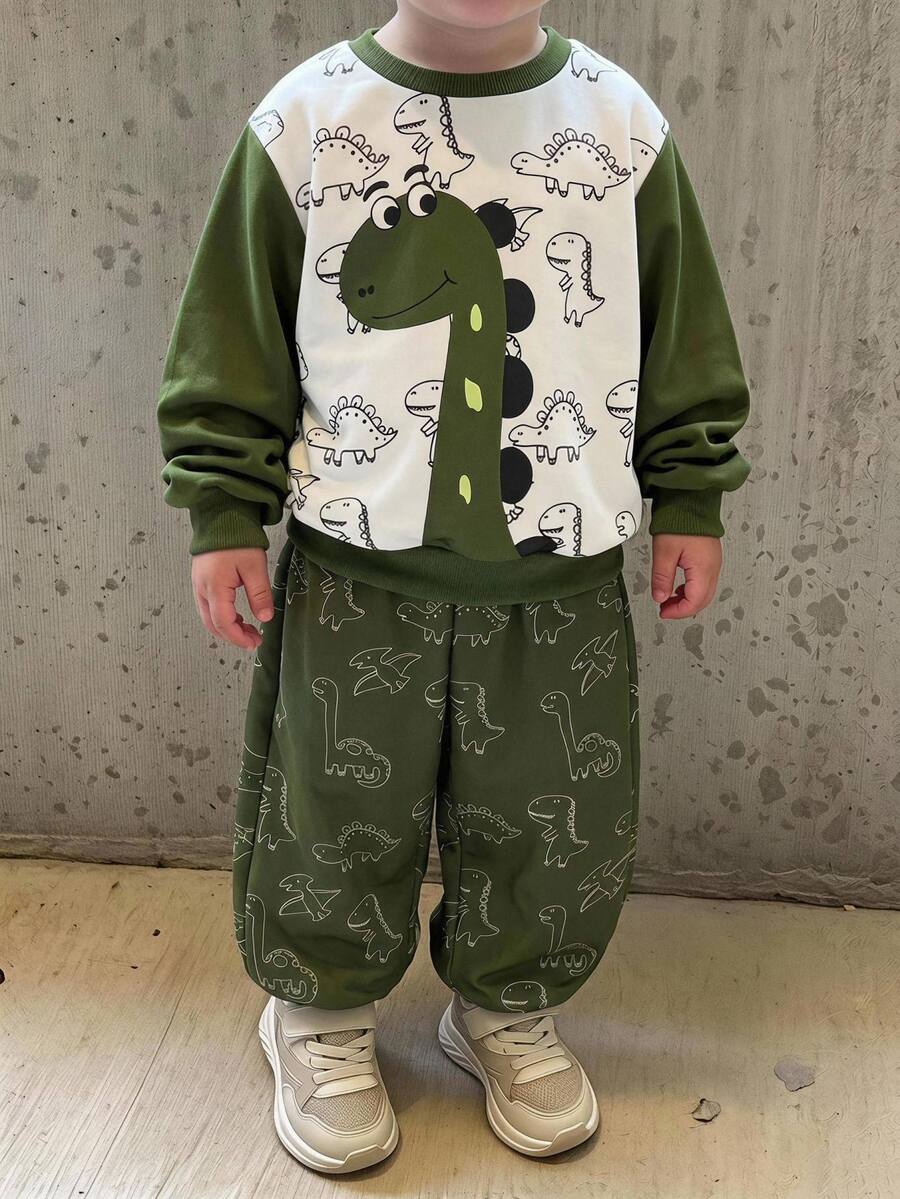 SHEIN 2件組小男孩休閒運動學院街頭風可愛酷炫恐龍圖案運動衫+長褲,適合日常穿著、上學、外出,秋季白色 - 綠色 - 查看 1