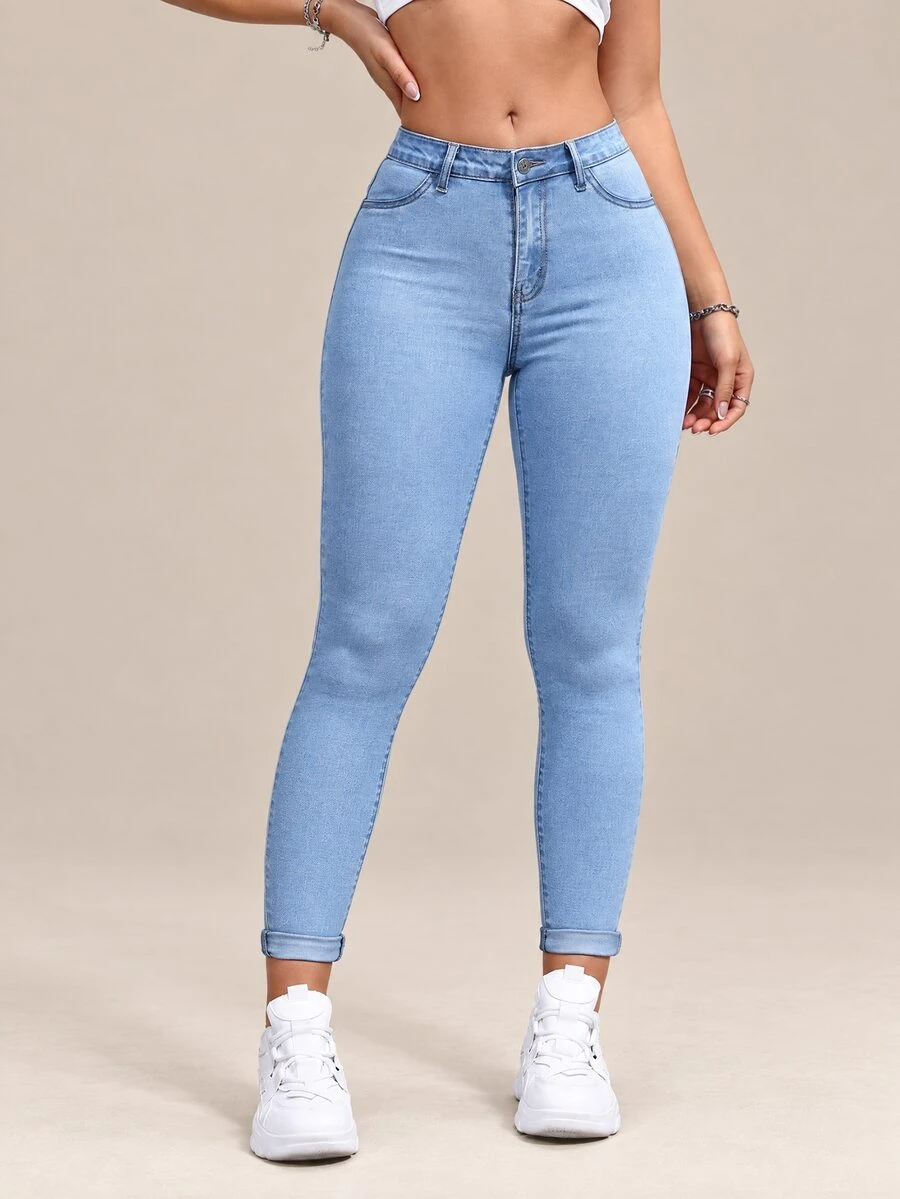 Flexra Women's Casual Slim Fit Denim Pants With Rolled Edge Hem And Side Pockets - Light Wash - View 1