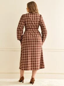 SHEIN LUNE CURVE Plus Size Casual Plaid Print Straight Dress With Pockets, Round Neck, Front Opening And Belt Fall - Multicolor - View 2