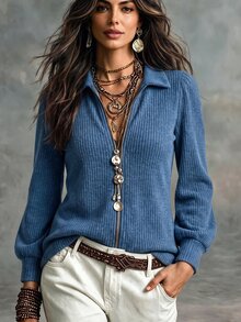 SHEIN 女款秋冬新款熱銷柔軟羅紋針織翻領修身休閒百搭T恤 - 藍色 - 查看 3