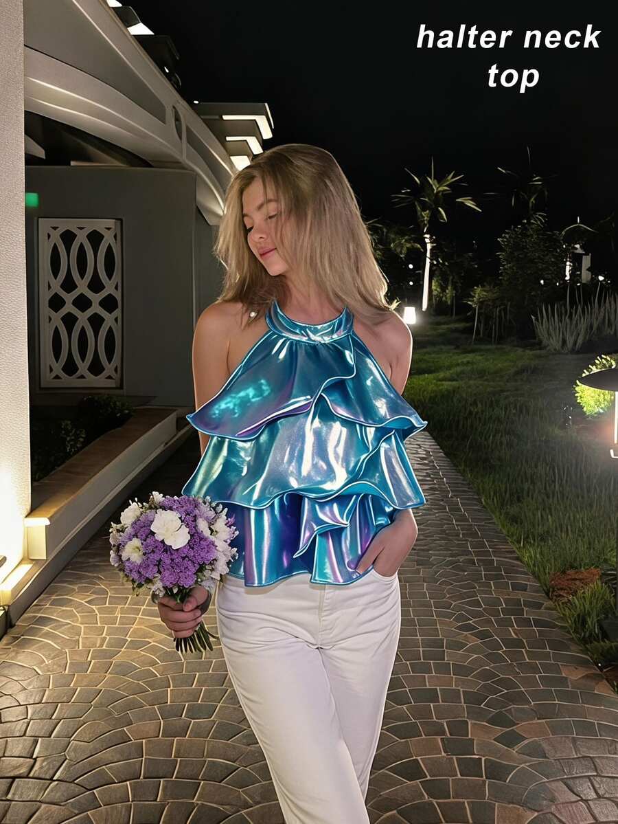 SHEIN MOD Women's Glamorous Metallic Blue Tiered Ruffle Halter Blouse Shimmering Party Top With Unique Neckline,Multi-Layered Lotus Leaf Top - Mint Blue - View 1