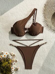 Swim SXY Stylish Brown Bikini For Women, Metal Chain Detail And One Shoulder Design For Summer Beach Party Sexy - Coffee Brown - View 3