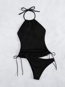 Swim Lushoire Women Beach Party Sexy Tropical Solid Color Drawstring Textured Fabric Spaghetti Strap Backless Camisole Bikini Tops Resort Vacation Summer Black - Black - View 8