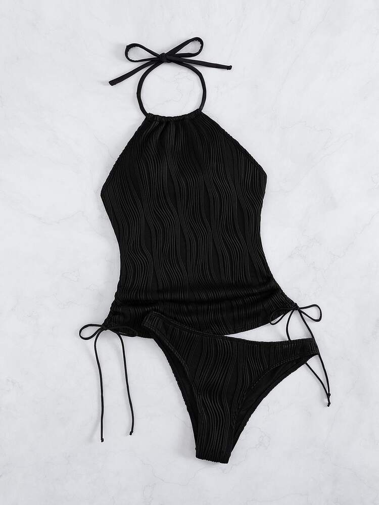 Swim Lushoire Women Beach Party Sexy Tropical Solid Color Drawstring Textured Fabric Spaghetti Strap Backless Camisole Bikini Tops Resort Vacation Summer Black - Black - View 8